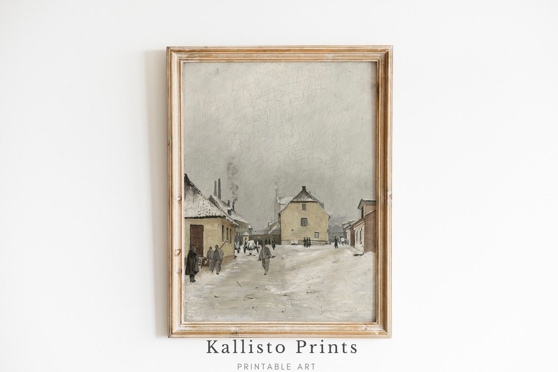 Antique Winter Street Old Village Figures Snow Sepia Painting Poster