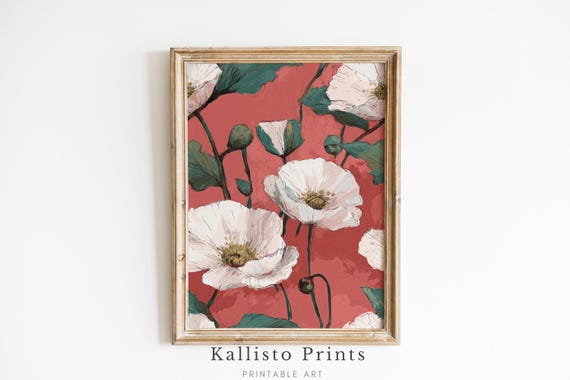 Modern Poppy Wall Art Print White Floral Illustration On Coral Red Bold Botanical Poster For Living Room Gift Nature Or Flower Lover