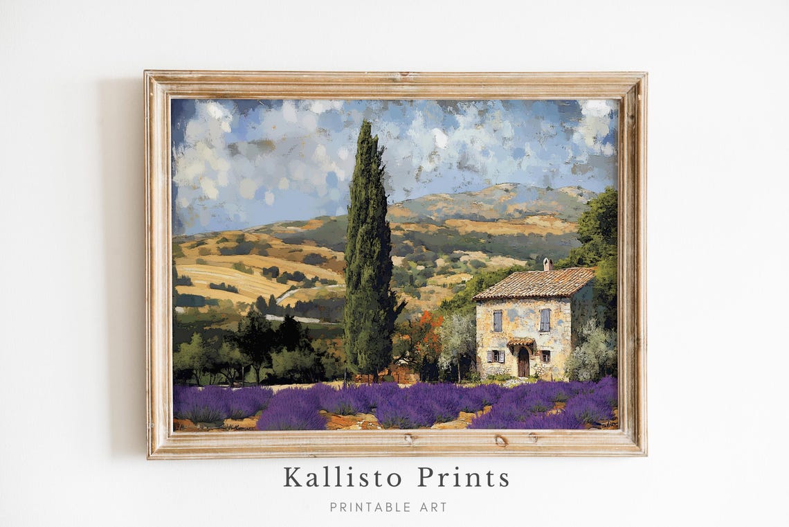 Provence Lavender Farmhouse With Tall Cypress Tree Landscape Poster