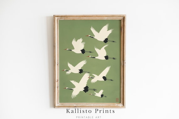 White Cranes In Flight Japanese Minimalist Nature Sage Green Wall Art