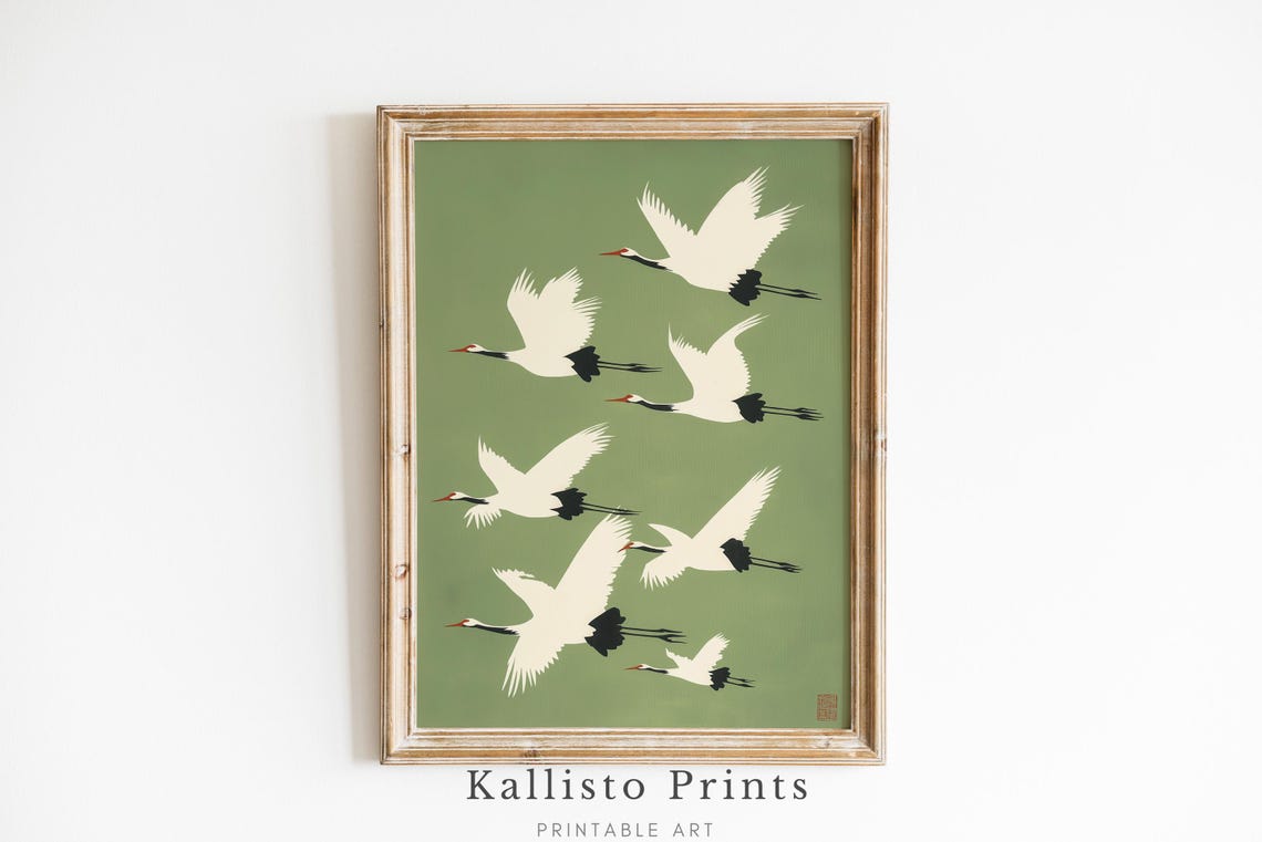 Japanese Crane Art Print Minimalist Nature Wall Traditional Asian Decor Zen Bird Illustration 936