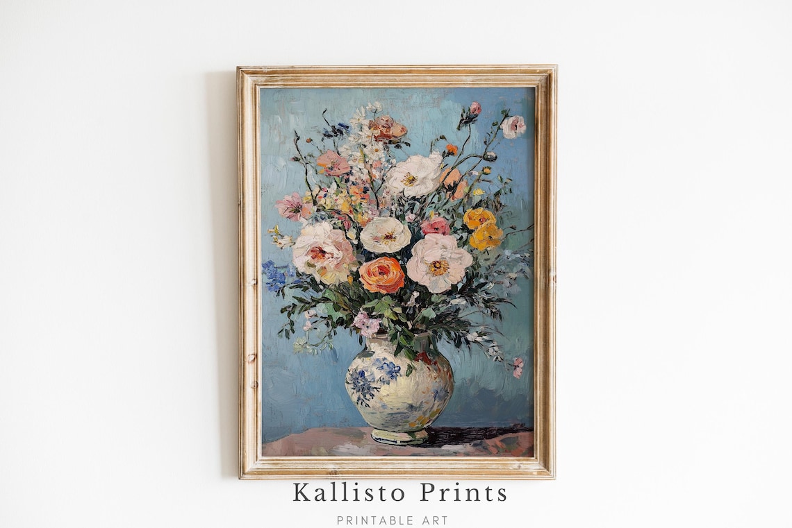Vibrant Floral Bouquet Vintage Oil Painting Blue Vase Poster