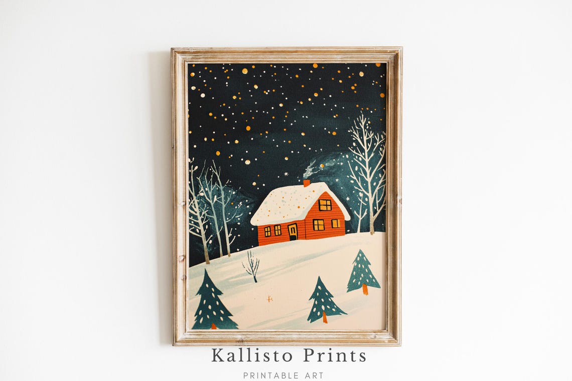 Cozy Red Cabin Snowy Starry Night Winter Illustration Poster