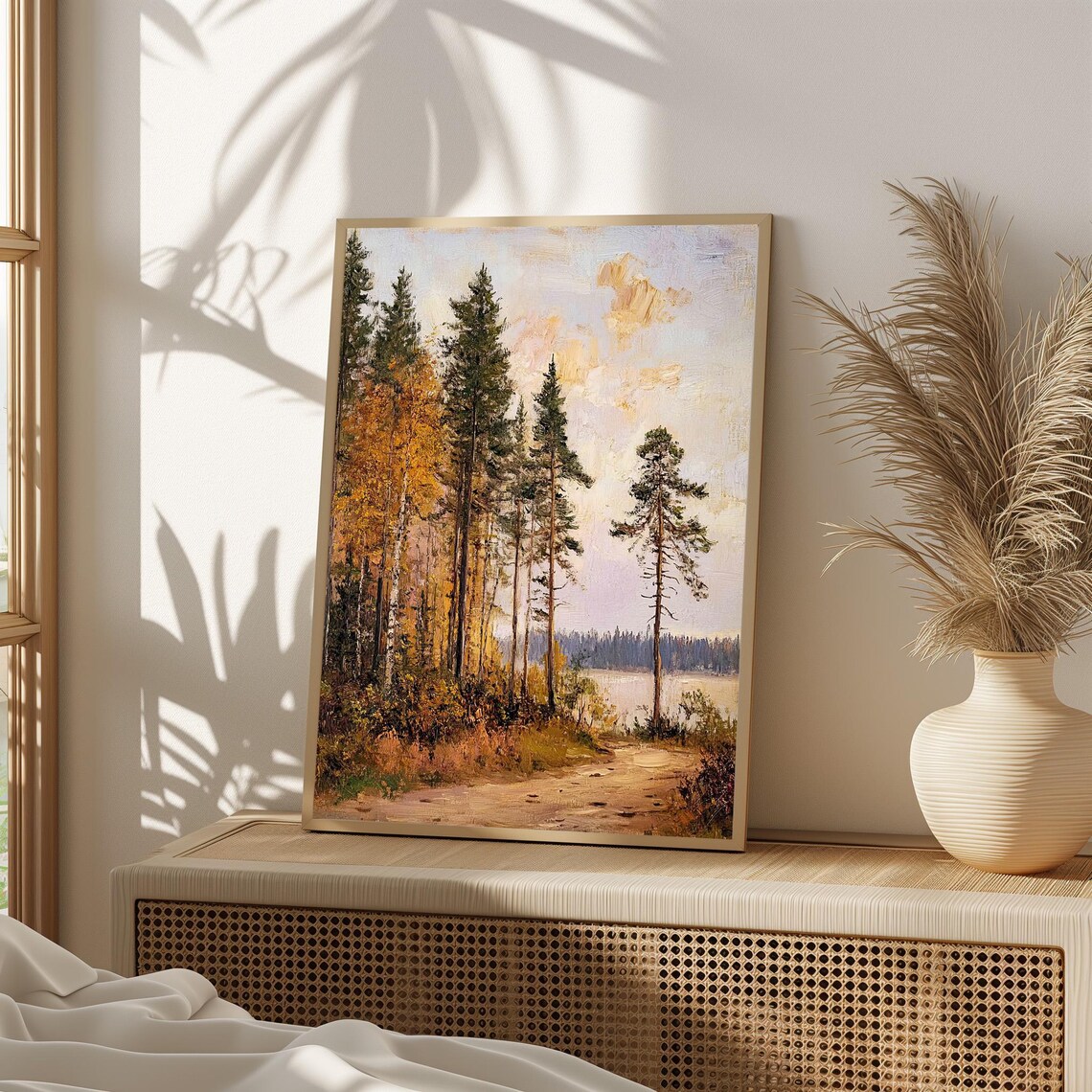 Autumn Forest Lakeside Path Golden Birch Pine Trees Fall Painting Poster