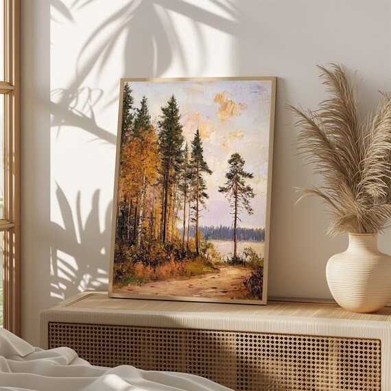 Autumn Forest Lakeside Path Golden Birch Pine Trees Fall Painting Poster