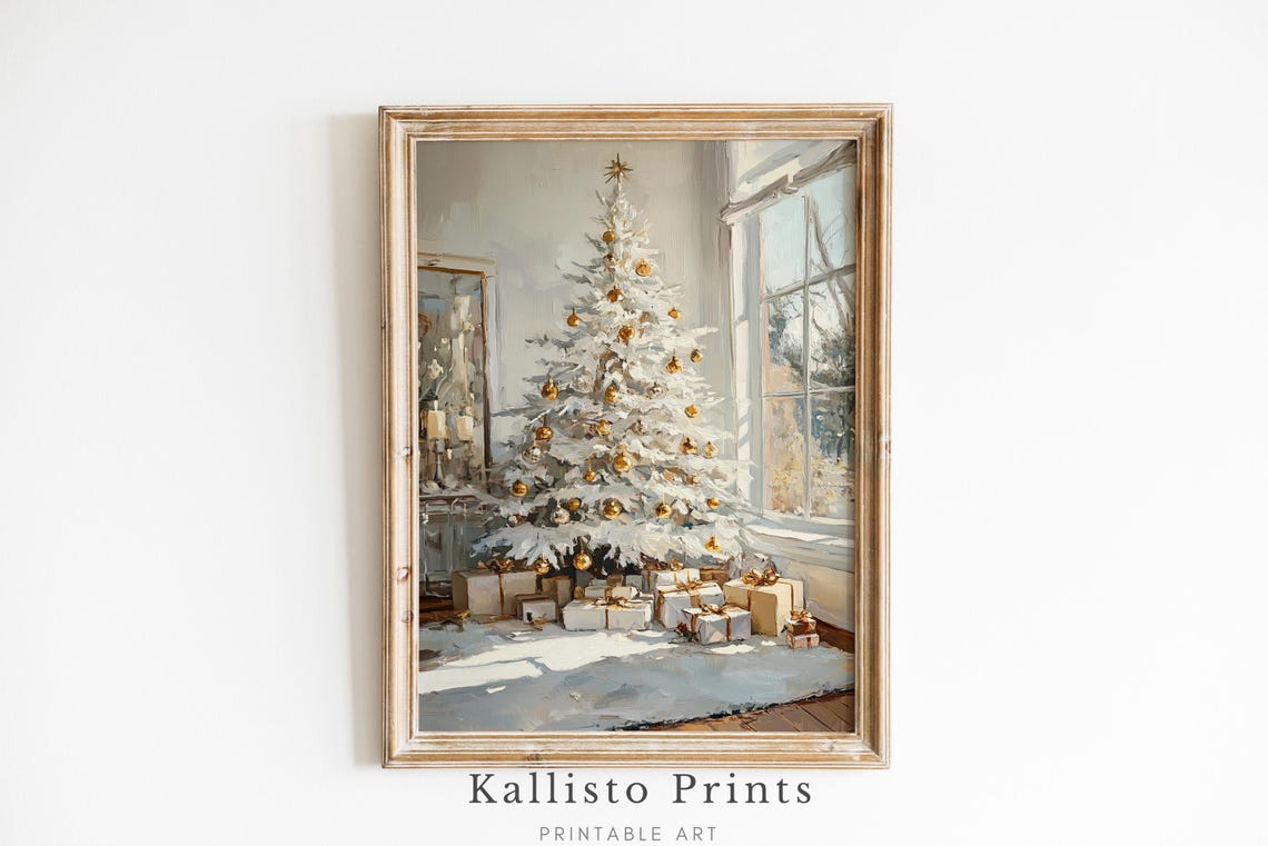 Elegant White Christmas Tree, Minimalist Holiday Art Print