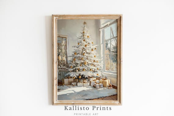 Elegant White Christmas Tree, Minimalist Holiday Art Print