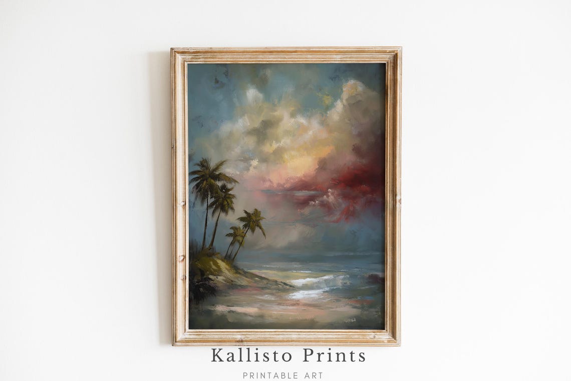 Tropical Beach Sunset Palms Moody Coastal Ocean Landscape Poster