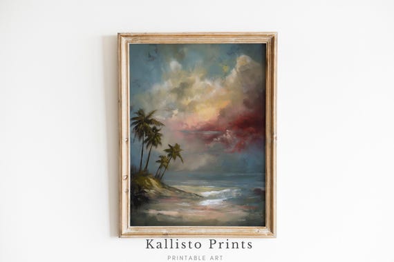 Tropical Beach Sunset Coastal Calm Art Ocean Landscape Wall Decor With Palm Trees And Moody Sky Instant 1231