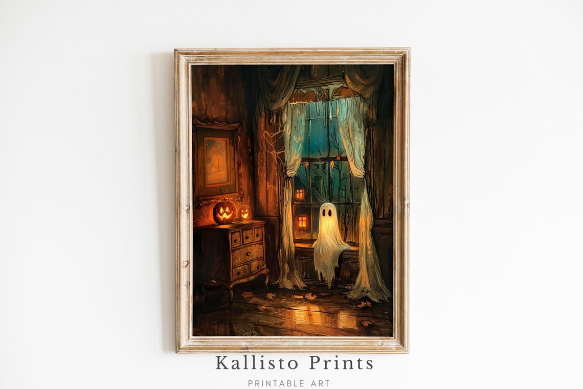 Haunted Halloween Window Scene Art Print, Gothic Decor