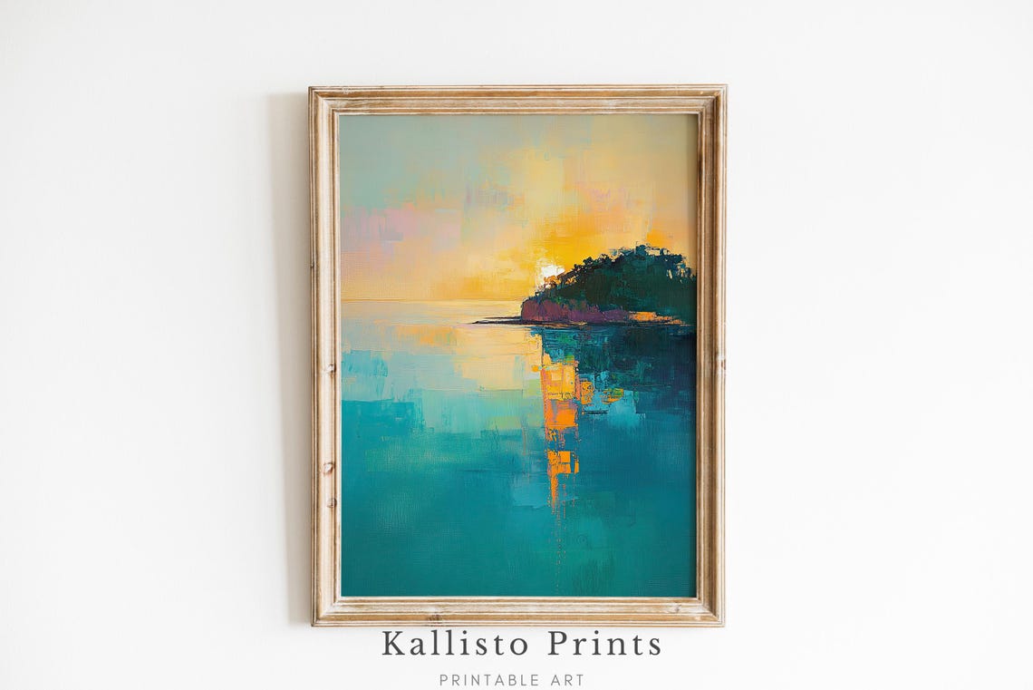 Abstract Golden Sunset Ocean Modern Teal Island Seascape Poster