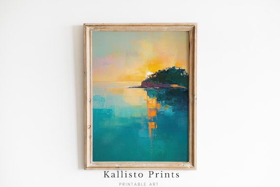 Abstract Golden Sunset Ocean Modern Teal Island Seascape Poster