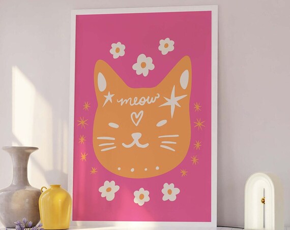 Pink Cat Face Meow Retro Kitty With Flowers And Stars Wall Print