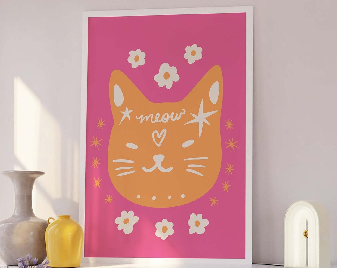 Pink Cat Face Meow Retro Kitty With Flowers And Stars Wall Print