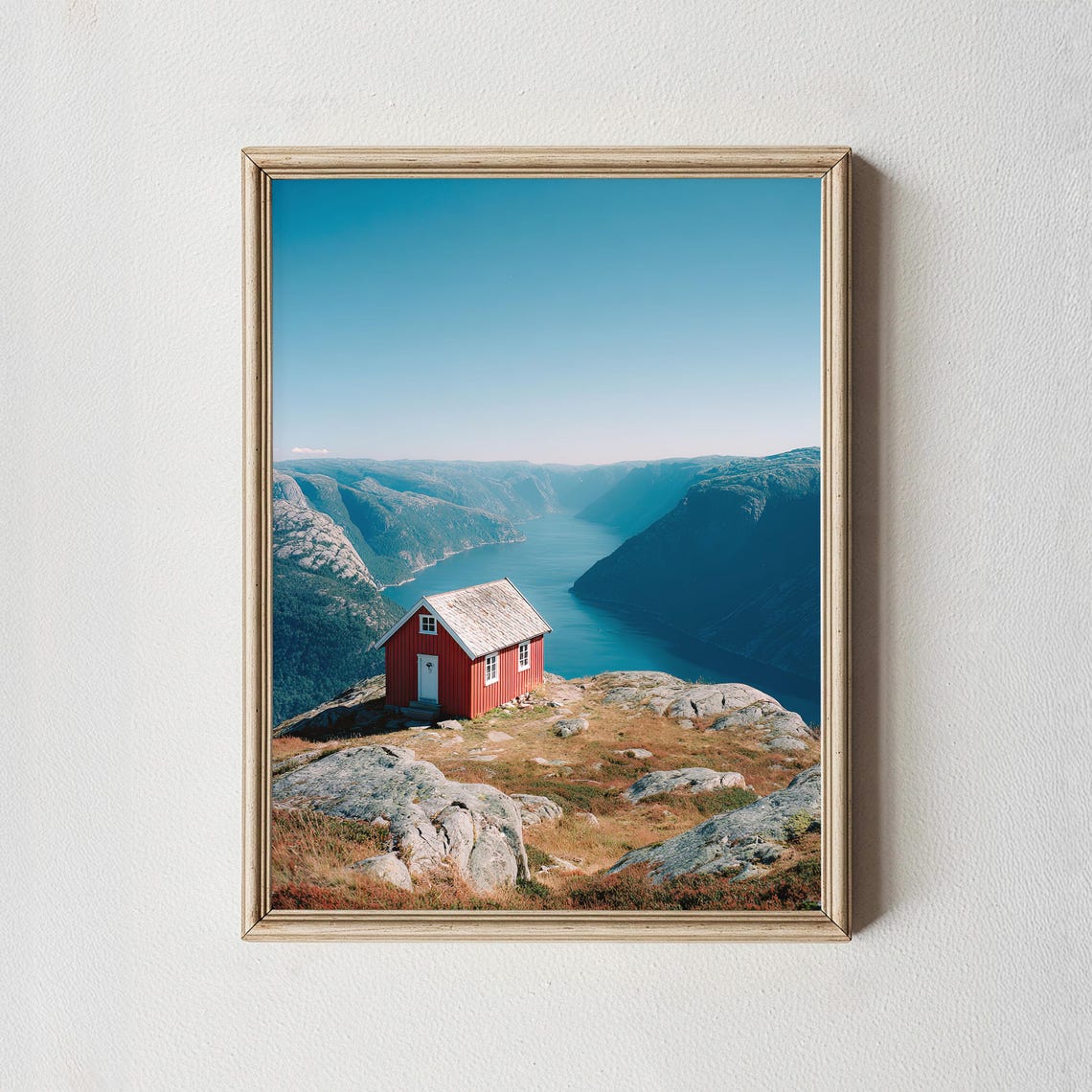 Red Cabin Above Norway Fjord Cliff Scandinavian Landscape Wall Art