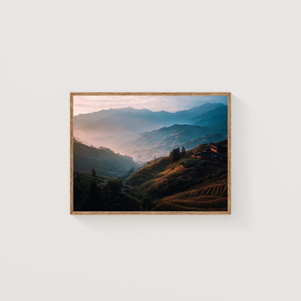 Misty Mountain Rice Terraces Sunrise Asian Landscape Photo Poster