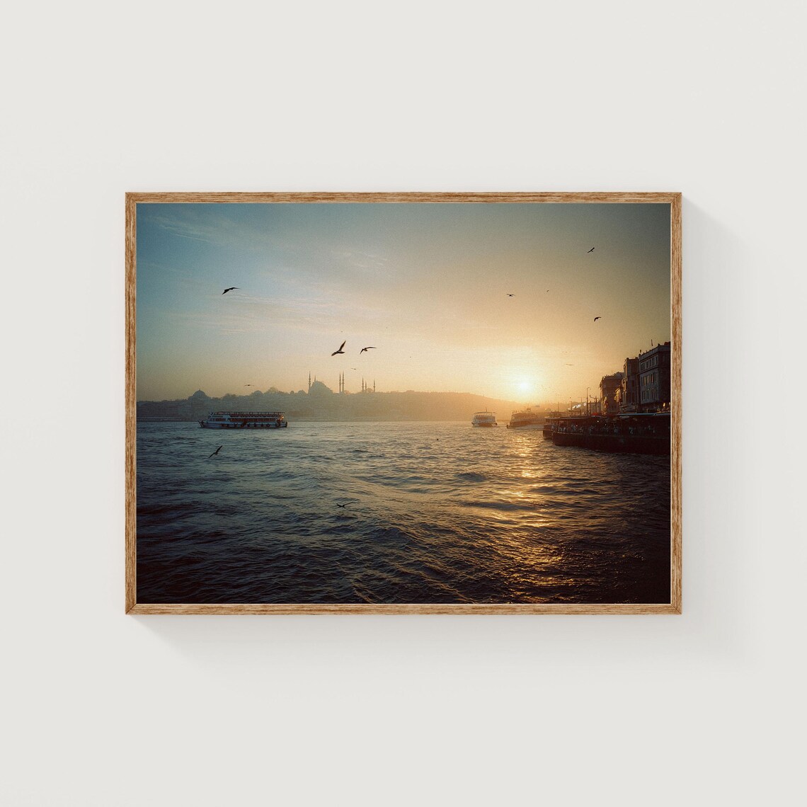 Istanbul Bosphorus Golden Hour Sunset Ferries Seagulls Photo Print