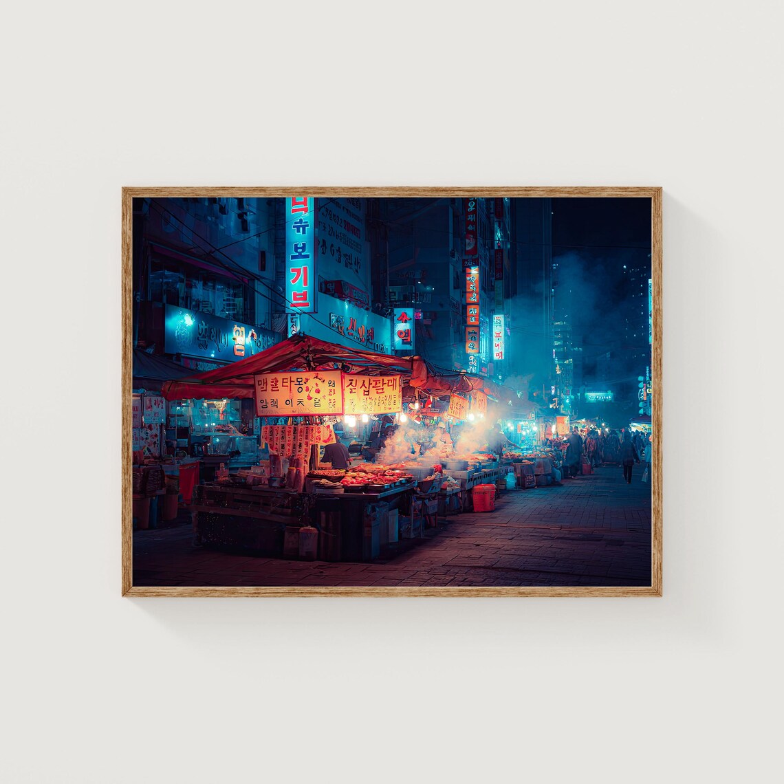 Seoul Night Market Korean Street Food Neon Lights Photography Poster
