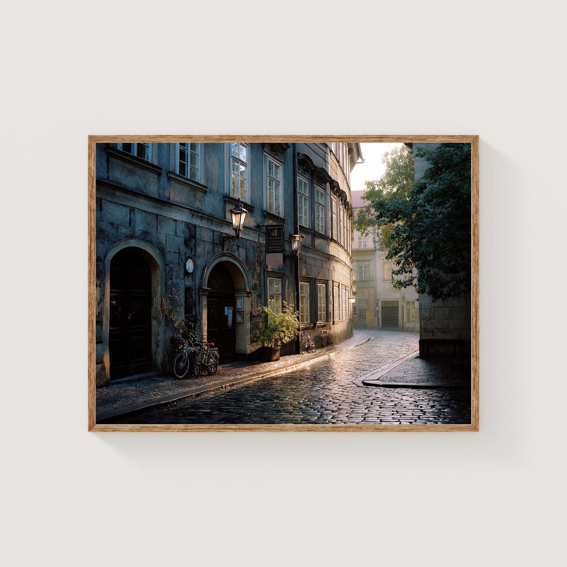 Old Stone Buildings on a Quiet Cobblestone Street Morning Photo Poster