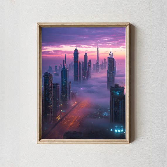 Dubai Skyline Print Foggy Sunrise Cityscape Burj Khalifa Art