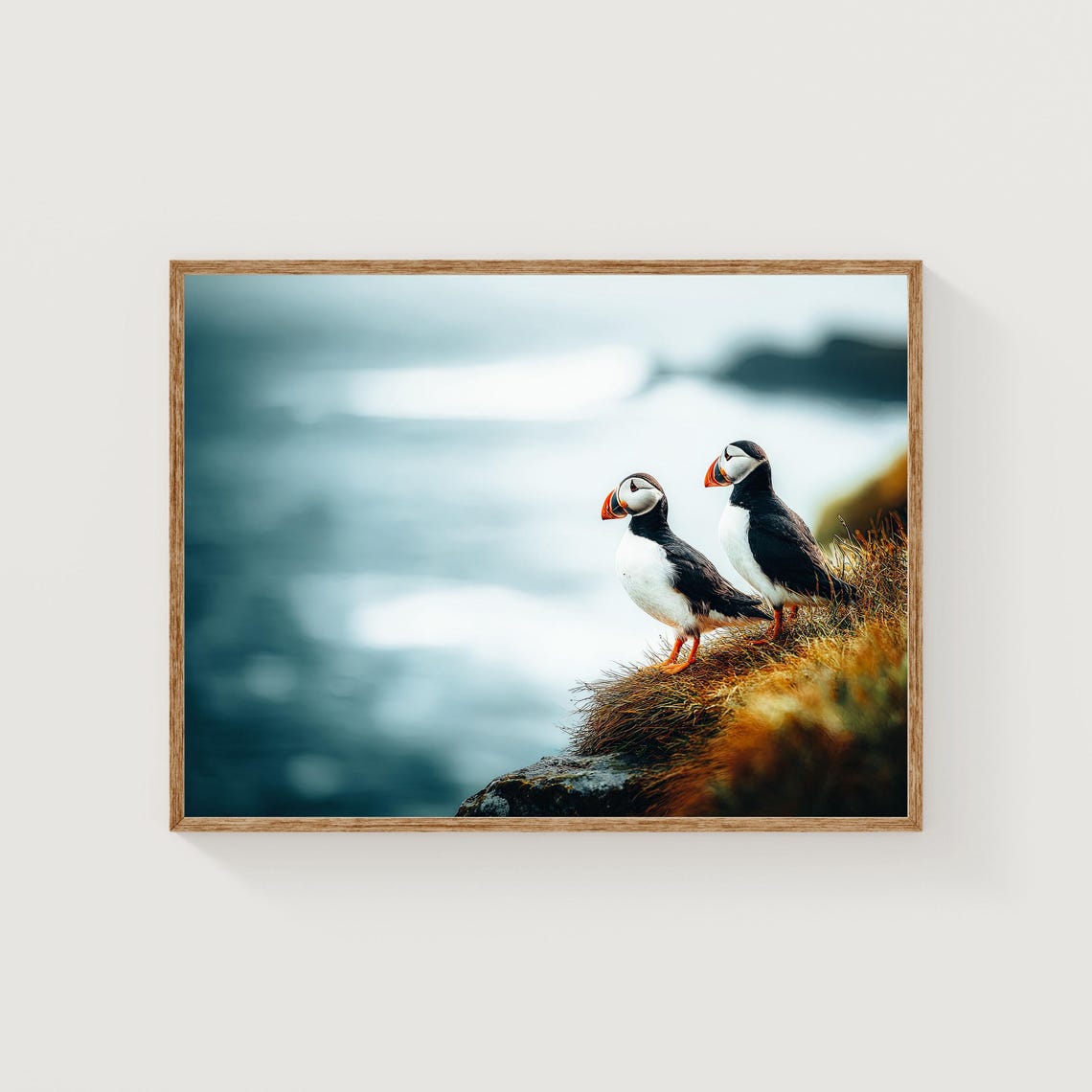 Two Atlantic Puffins On Iceland Cliff Coastal Bird Photo Poster