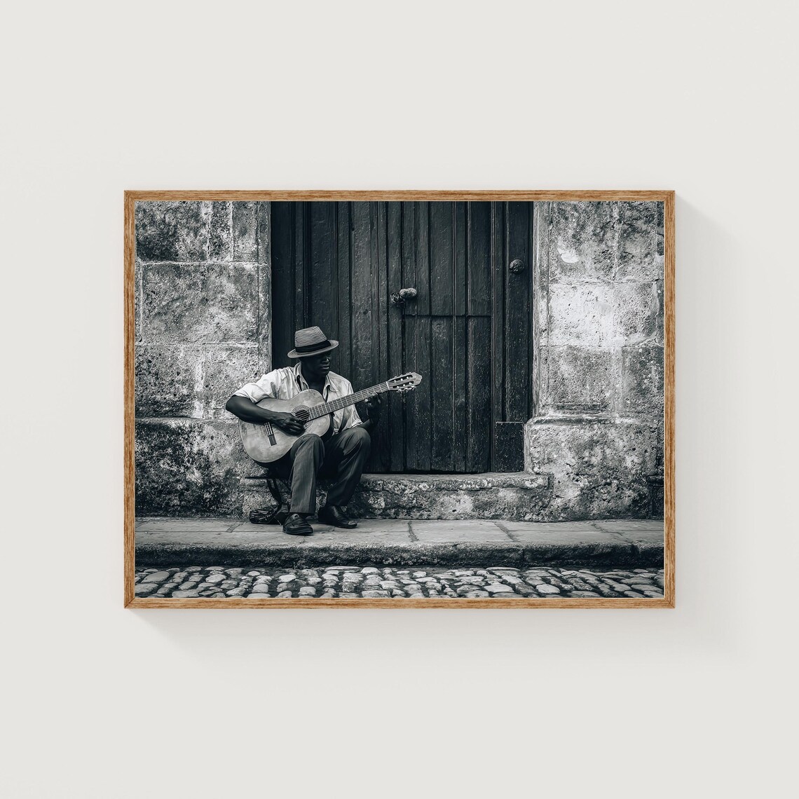 Black and White Street Guitarist Colonial Street Photography Poster