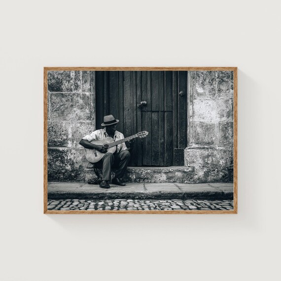 Black and White Street Guitarist Colonial Street Photography Poster