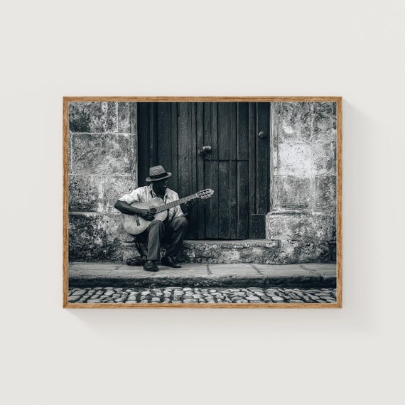 Havana Guitar Player Print Street Photography Black White Fine Art