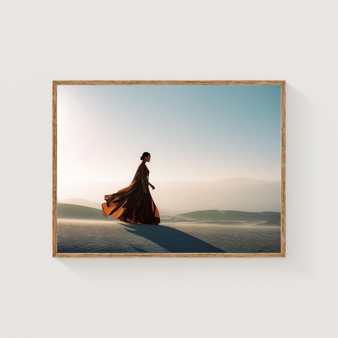Woman in Flowing Dress Walking on Desert Dunes Cinematic Art Poster