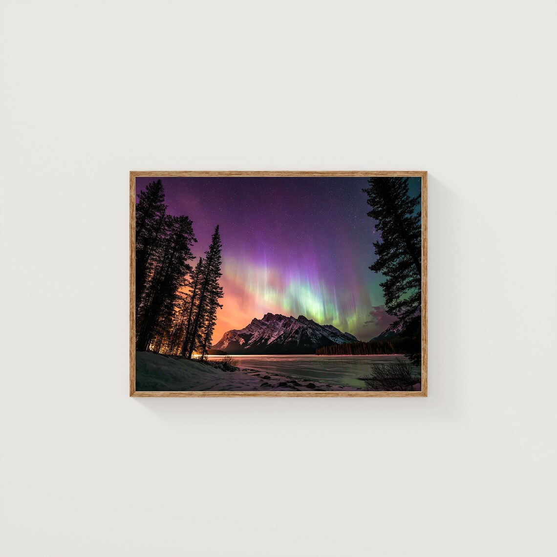 Aurora Borealis Purple Pink Night Sky Snowy Mountain Lake Print