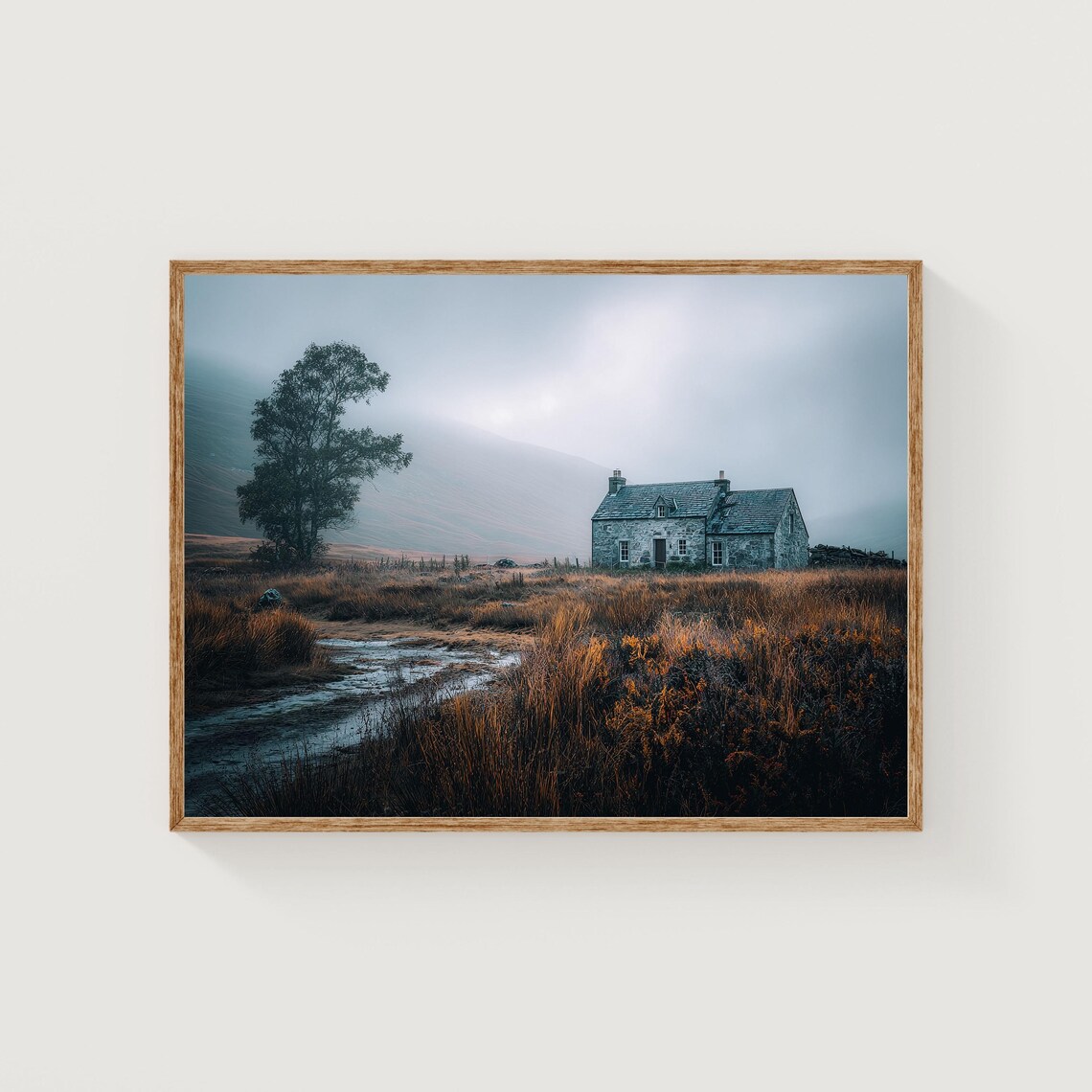 Lonely Moor Cottage Golden Grass Mist Lone Tree Landscape Photo Poster