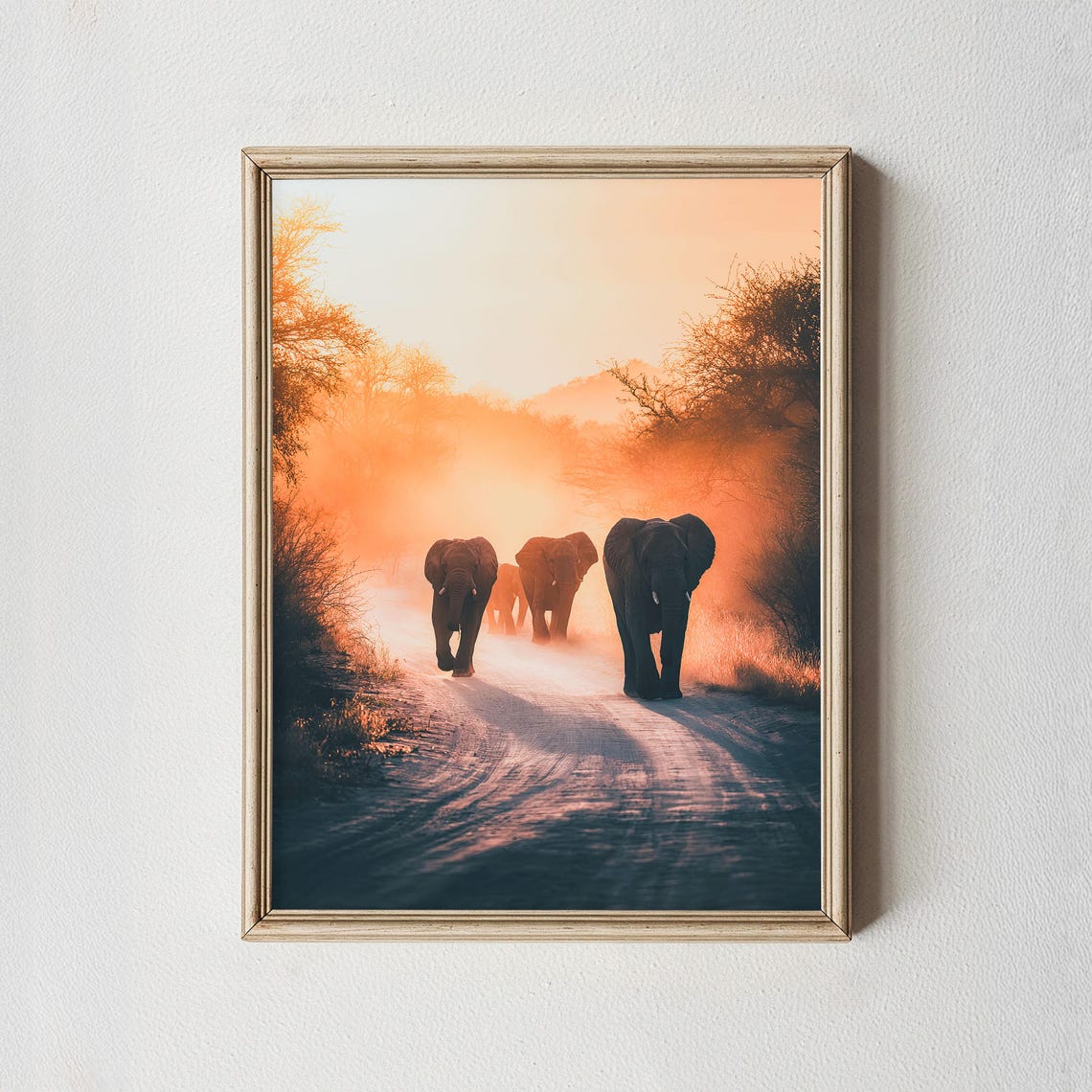 Elephant Herd Dusty Road Sunrise Safari Wildlife Photography Wall Art