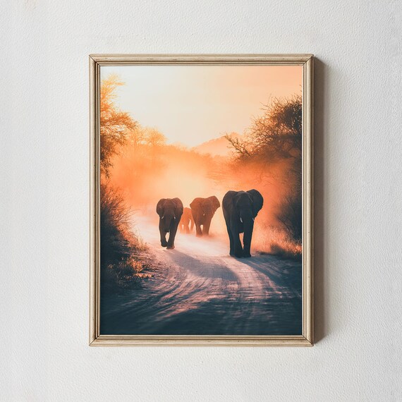 Elephant Herd Dusty Road Sunrise Safari Wildlife Photography Wall Art