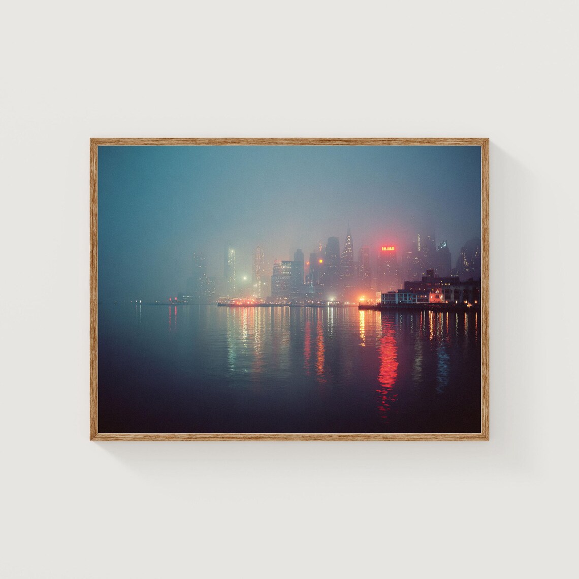 Misty Manhattan Skyline at Night Reflections on Water City Poster