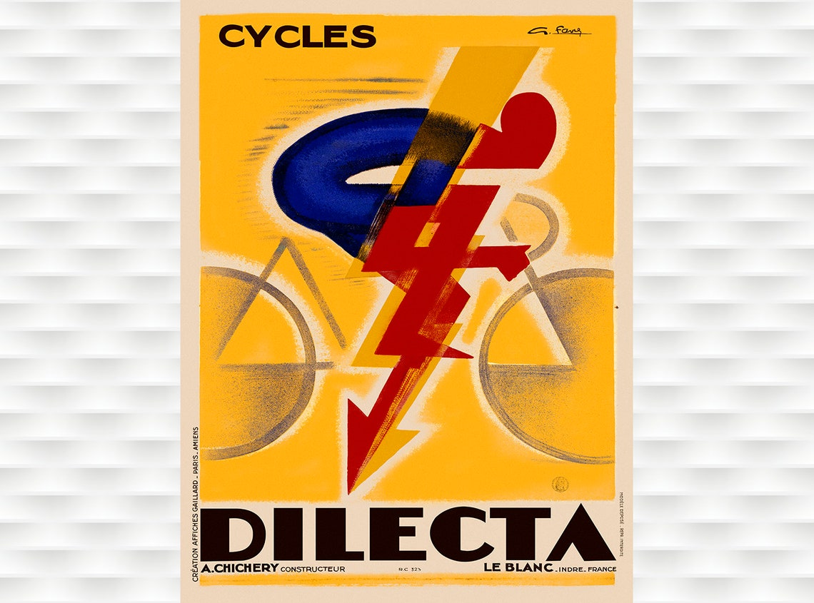 Cycles Dilecta Art Deco Lightning Bolt Yellow Racing Bicycle Ad Poster