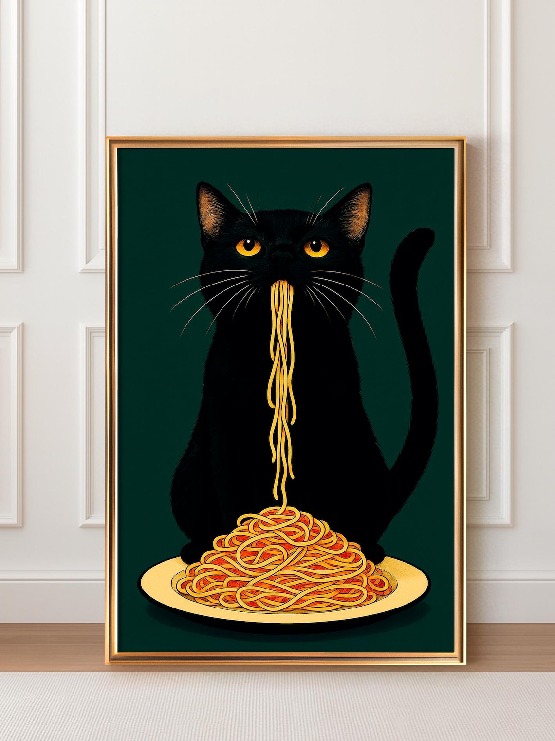 Black Cat Eating Spaghetti Poster Humorous Italian Kitchen Cat Art Decor