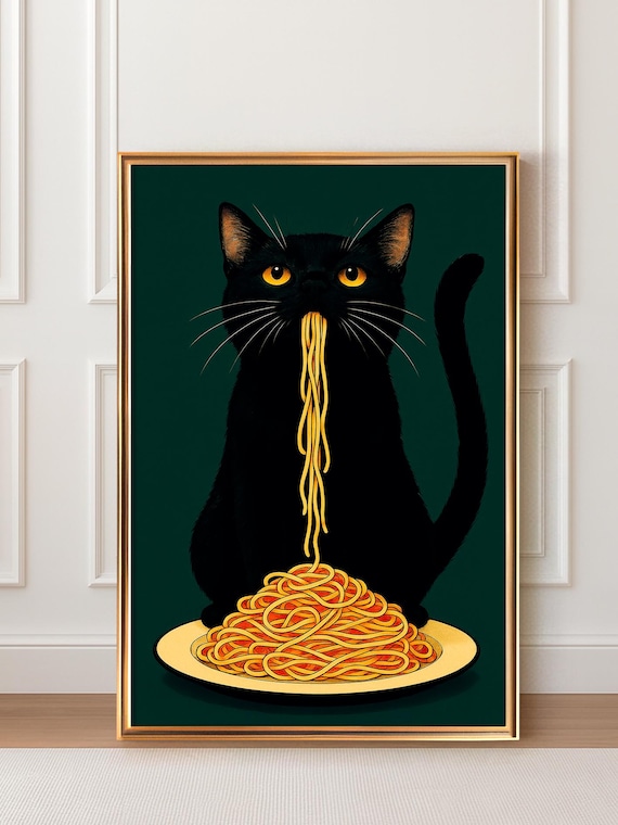 Black Cat Eating Spaghetti Poster Humorous Print Of A Hungry Italian Pasta Illustration Retrostyle Gothic Wall Art