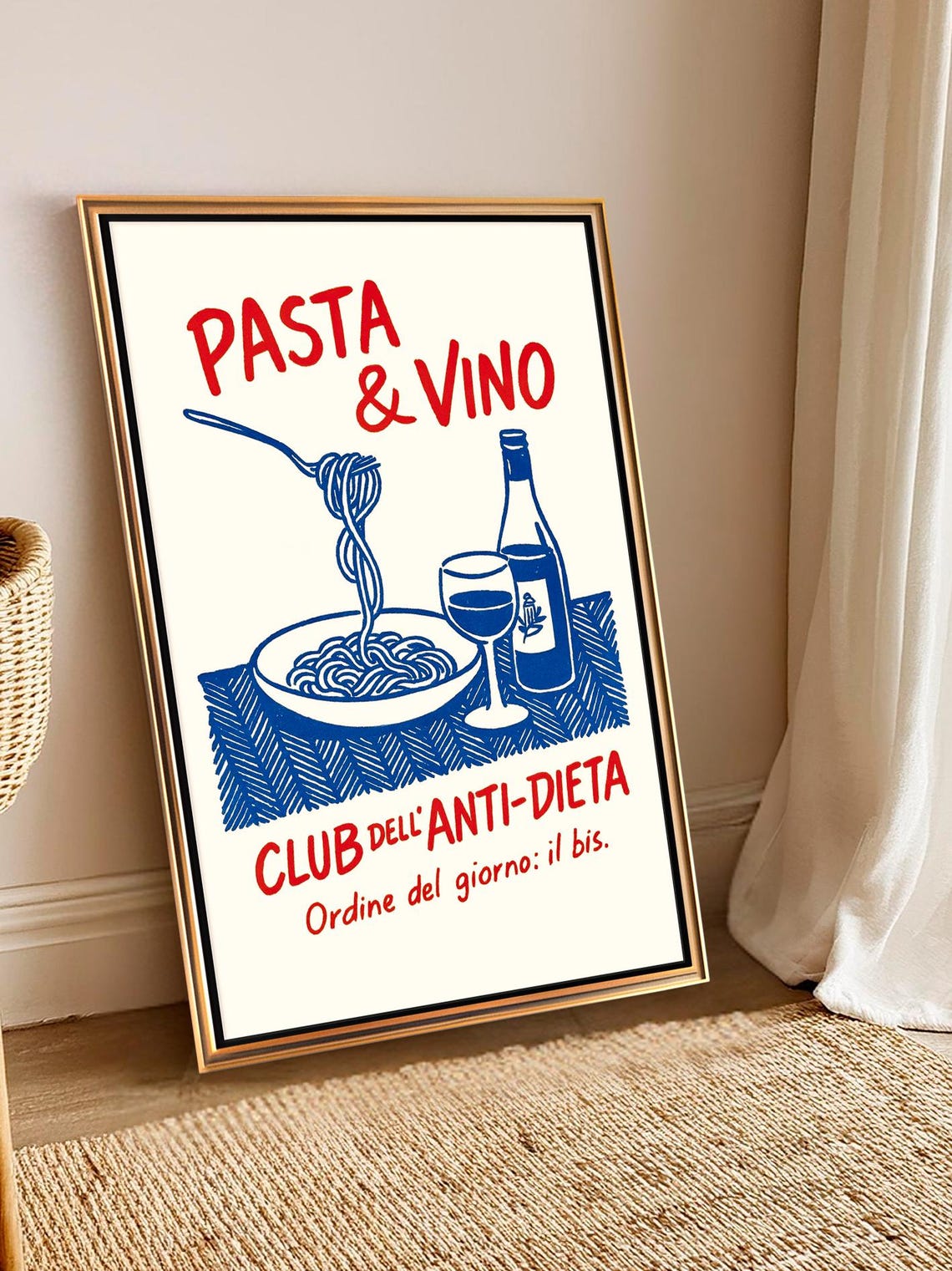 Italian Kitchen Poster With Pasta And Wine Retro Wall Art Dining Room Decoration Spaghetti Plate Illustration Bottle Print