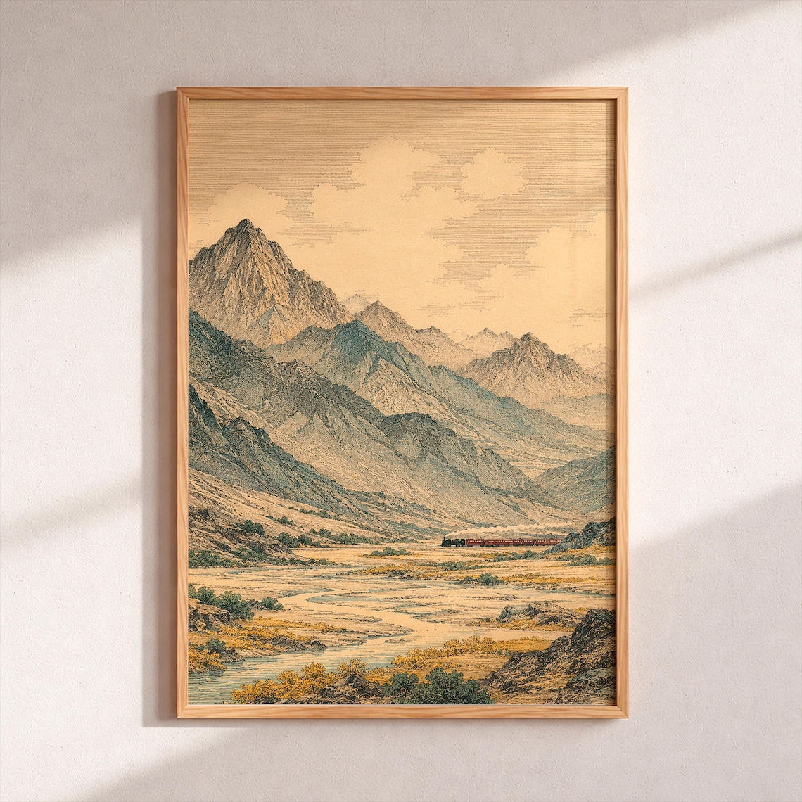Vintage Train Poster Print, Mountain Valley Landscape