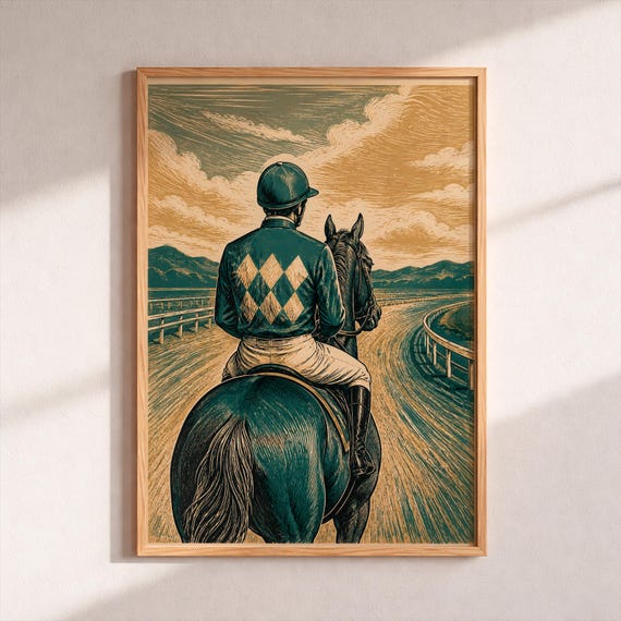 Jockey Horse Racing Art Print Vintage Woodcut Equestrian Poster Rider Wall Decor Linocut Horseback Gift Retro Race Track Artwork