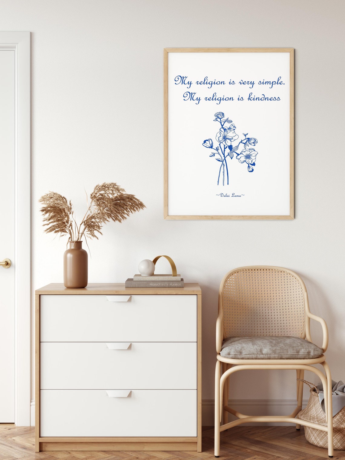 Dalai Lama My Religion Is Kindness Blue Floral Script Quote Poster - Image 2