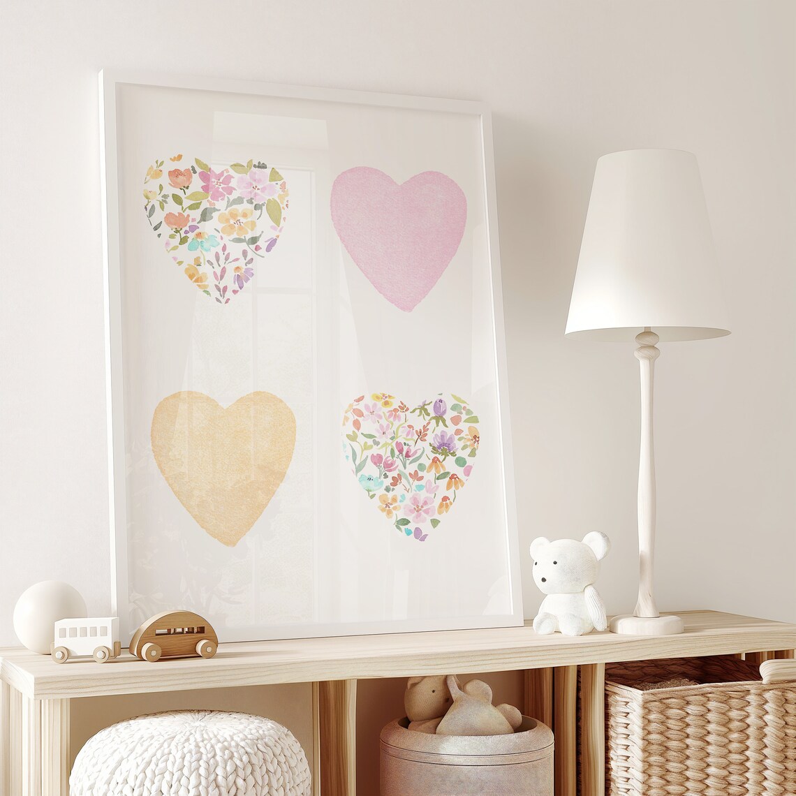 Floral Hearts Watercolor Art Print, Boho Girls Room