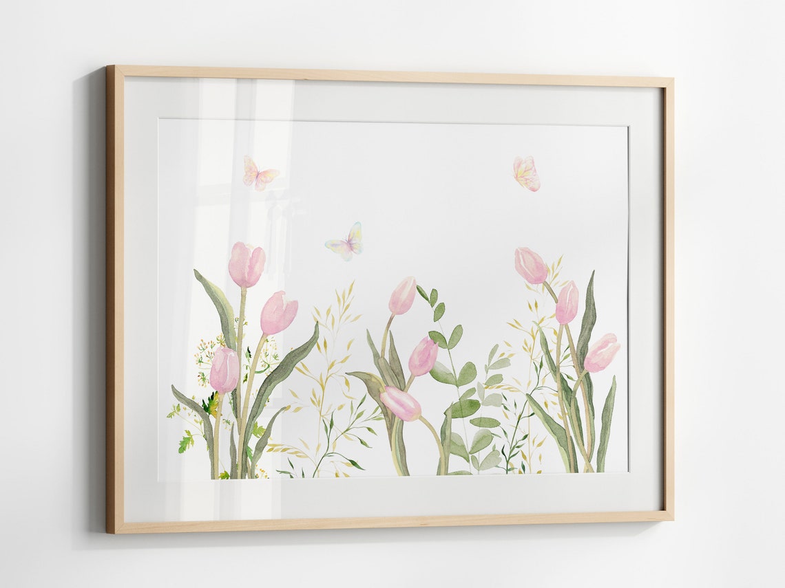 Pink Spring Tulips And Butterflies Horizontal Watercolor Print - Image 3