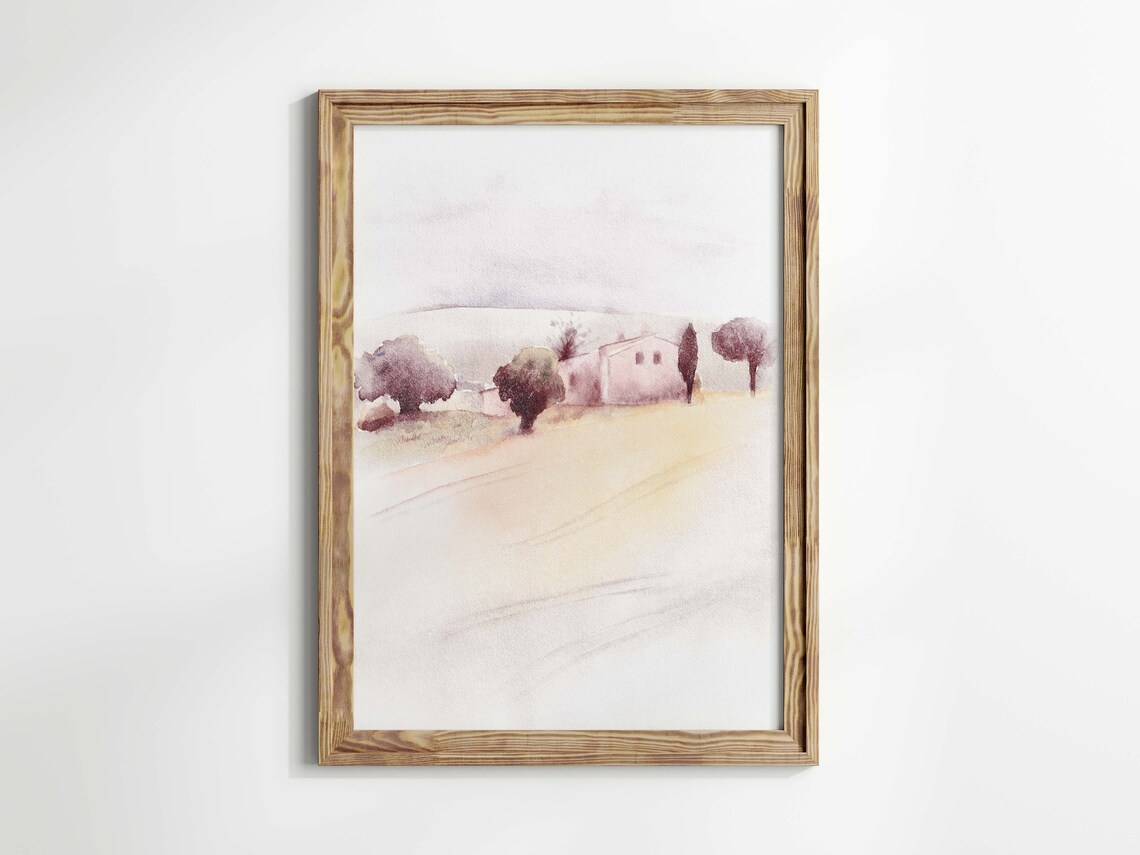Tuscany Italy Countryside Farmhouse Muted Watercolor Landscape Poster