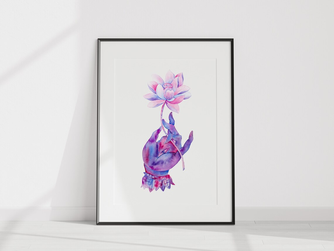 Purple Buddha Mudra Hand Lotus Flower Watercolor Spiritual Poster - Image 3