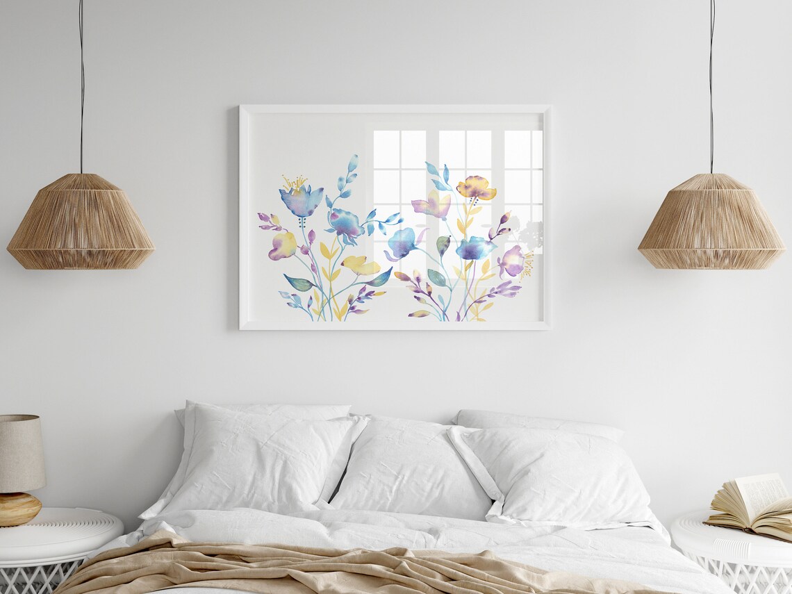 Blue Purple And Gold Abstract Wildflower Watercolor Art Print - Image 3