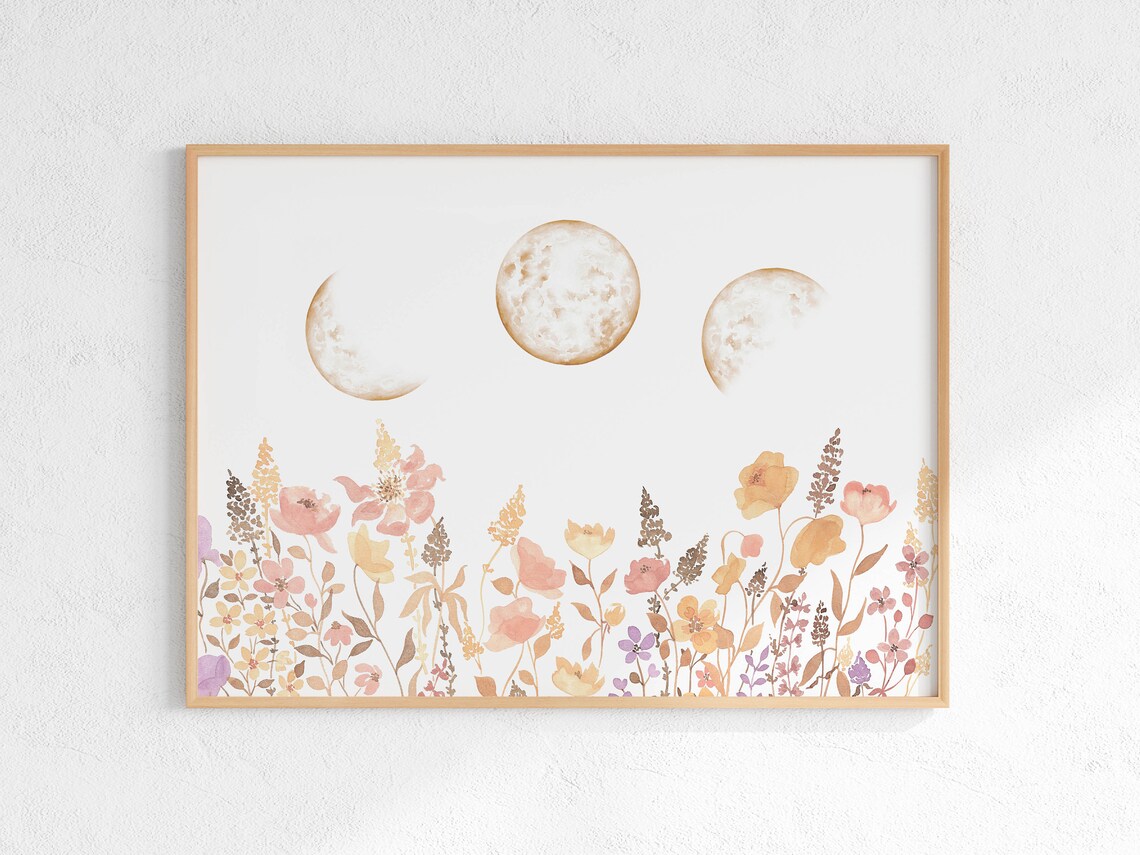 Boho Wildflowers Moon Phases Neutral Watercolor Floral Landscape Poster - Image 2