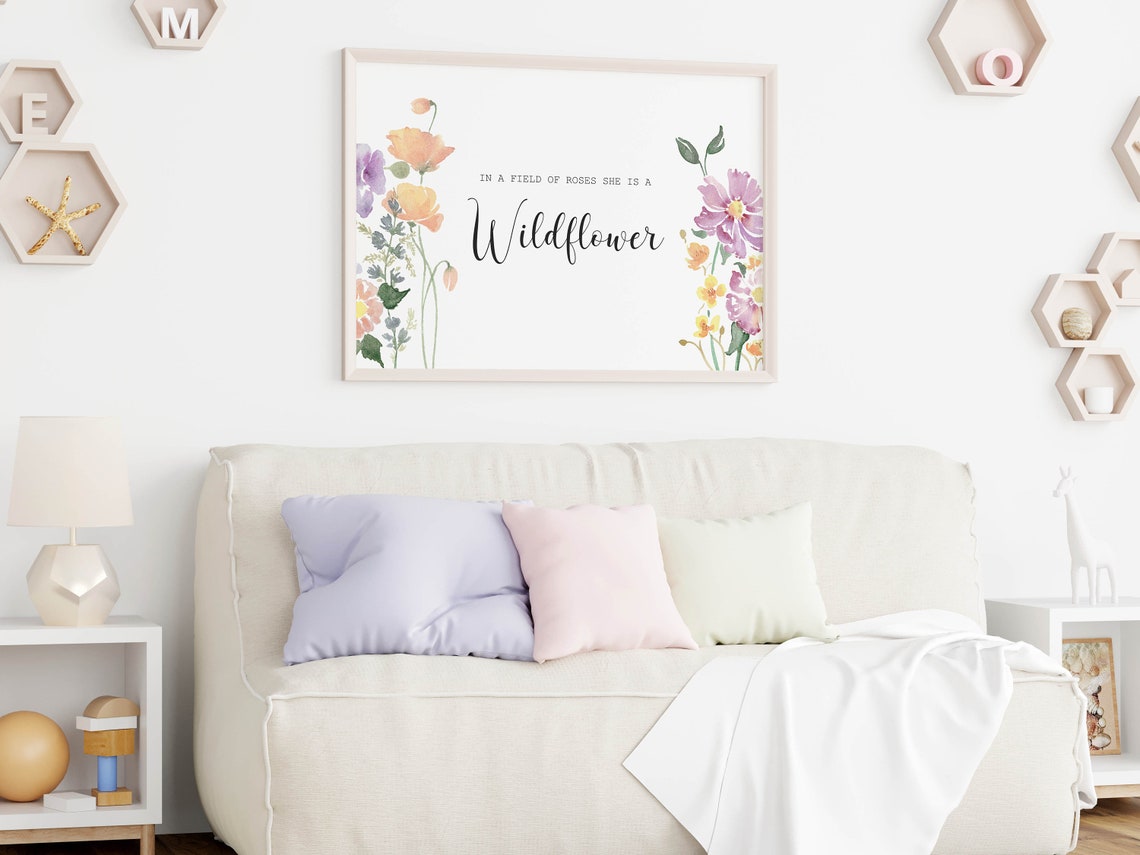 Wildflower Quote Print For Girls Room In A Field Of Roses She Is A Wildflower Watercolor Horizontal Floral Art - Image 3