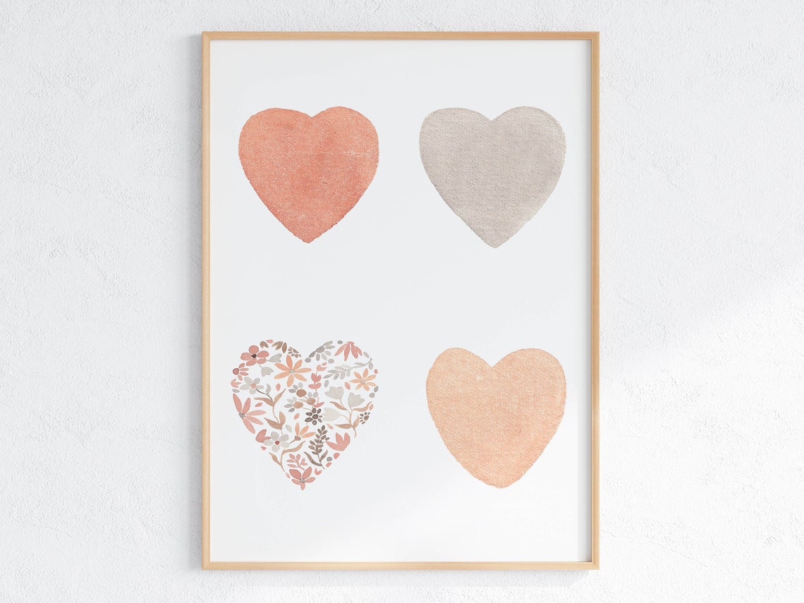 Four Boho Watercolor Hearts with Floral Pattern Nursery Poster - Image 3
