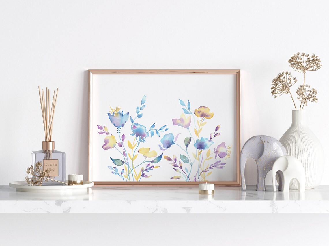 Blue Purple And Gold Abstract Wildflower Watercolor Art Print - Image 2